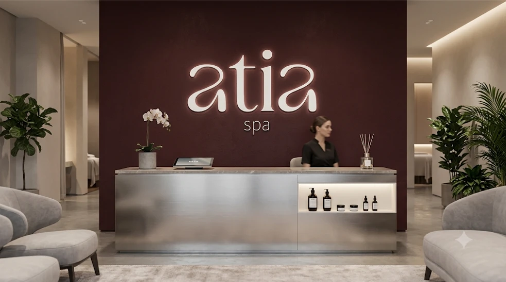 Recepción de Atia Spa con el logotipo iluminado sobre muro vino