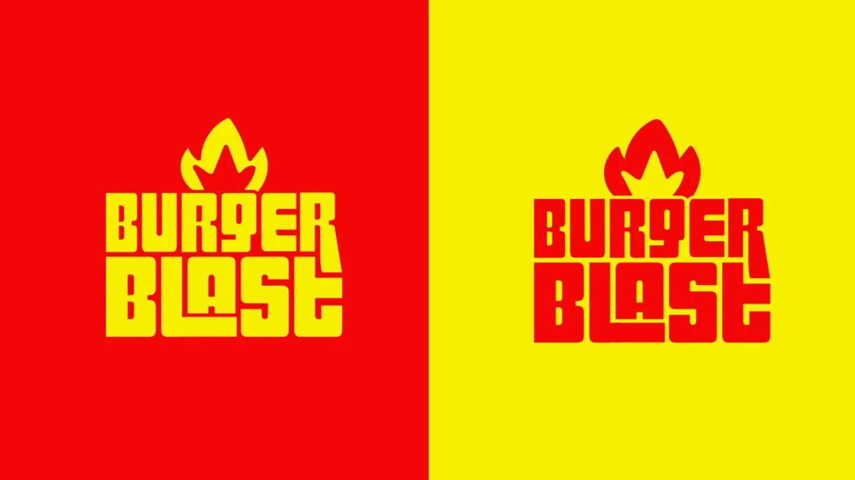 Versiones del logotipo de Burger Blast en amarillo sobre rojo y rojo sobre amarillo