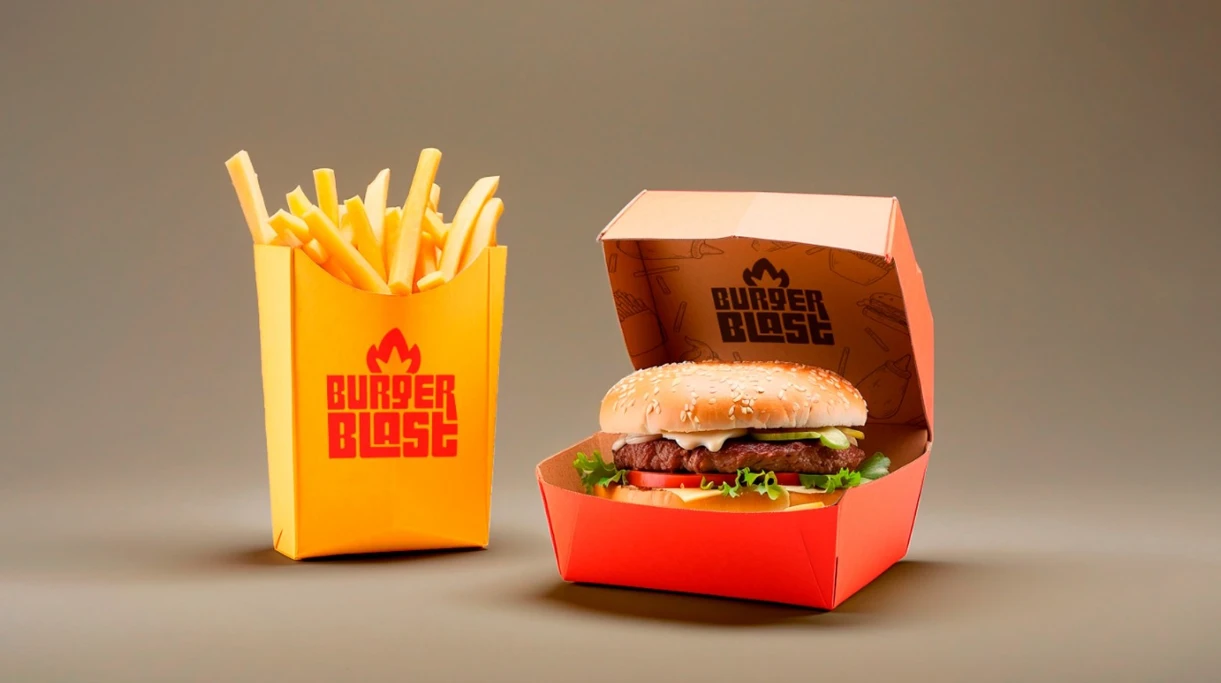 Mockups de empaques de Burger Blast: caja de papas y caja de hamburguesa
