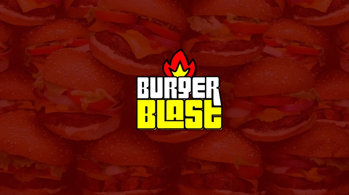 Logotipo de Burger Blast sobre fondo de hamburguesas