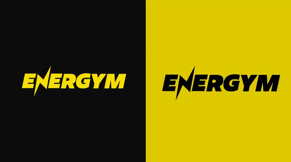 Versiones del logotipo de Energym en amarillo sobre negro y negro sobre amarillo