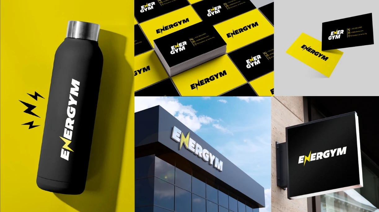 Mockups de Energym: botella, tarjetas de presentación, fachada y letrero